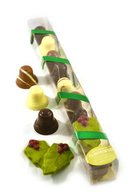 Chocolade Kerstklokjes met hulstblaadje in Staaf verpakking